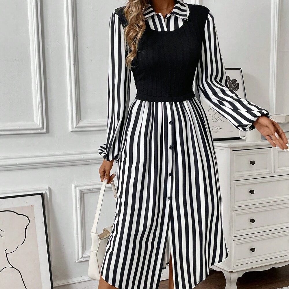 Black Casual Women's Striped Midi Dress